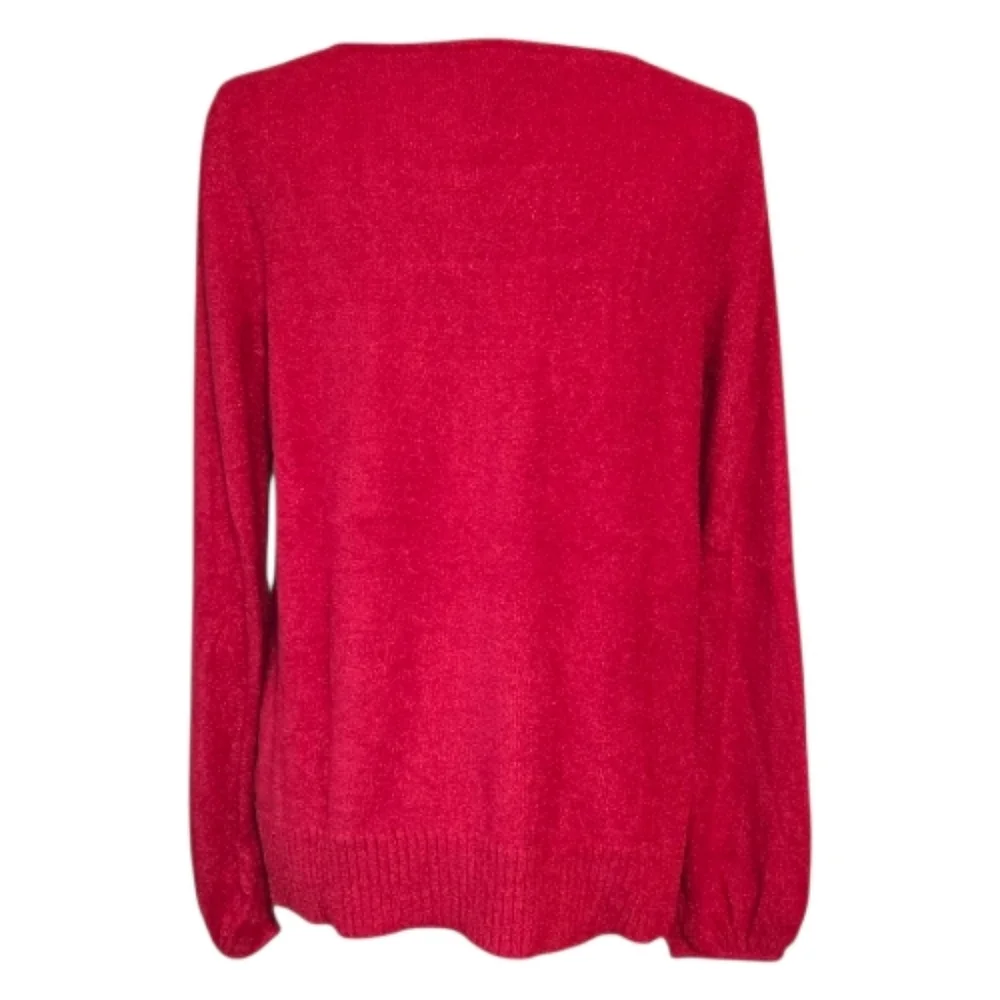 Worthington Red Metallic Knit Sweater L Scoop Neck Blouson Sleeve Holiday Top